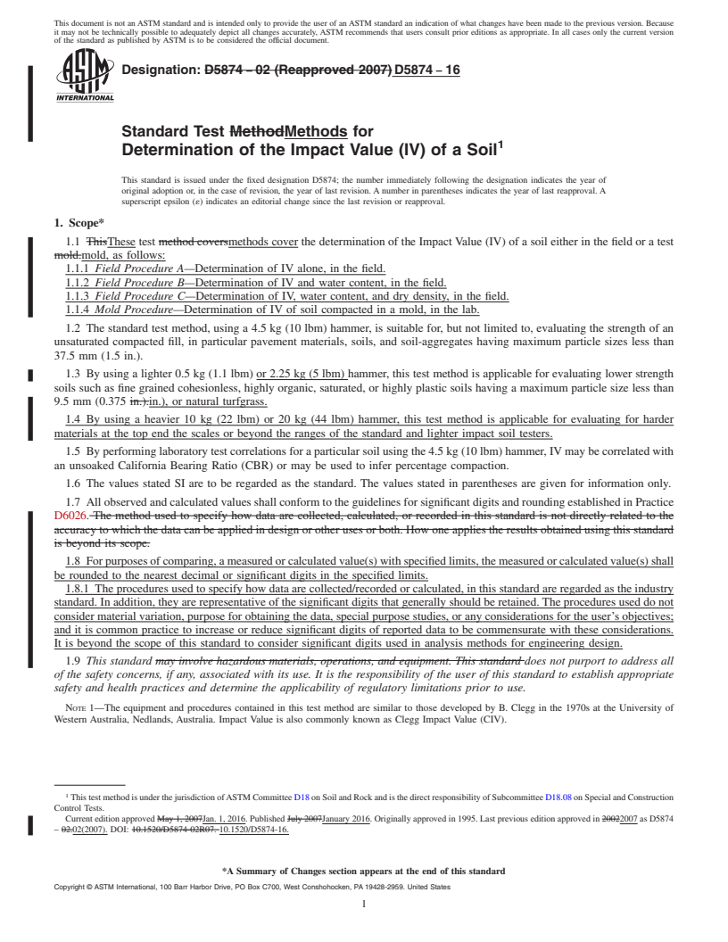 REDLINE ASTM D5874-16 - Standard Test Methods for Determination of the Impact Value (IV) of a Soil