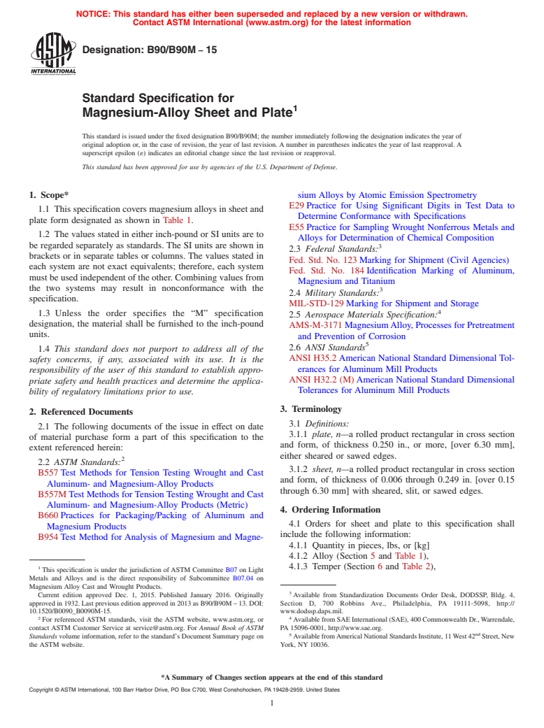 ASTM B90/B90M-15 - Standard Specification for  Magnesium-Alloy Sheet and Plate