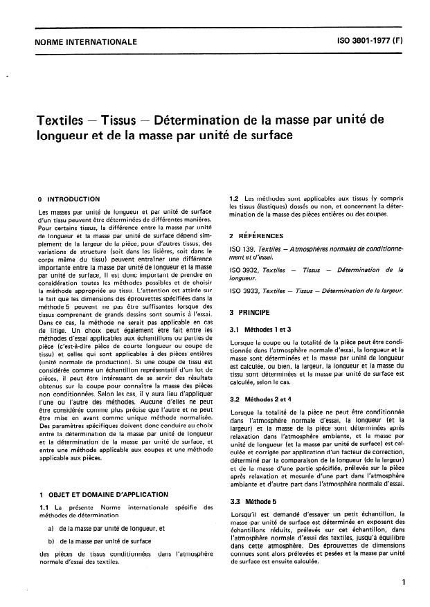 ISO 3801:1977 - Textiles -- Tissus -- Détermination de la masse par unité de longueur et de la masse par unité de surface