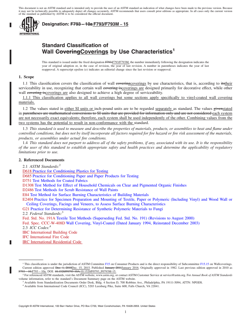 REDLINE ASTM F793/F793M-15 - Standard Classification of  Wall Coverings by Use Characteristics