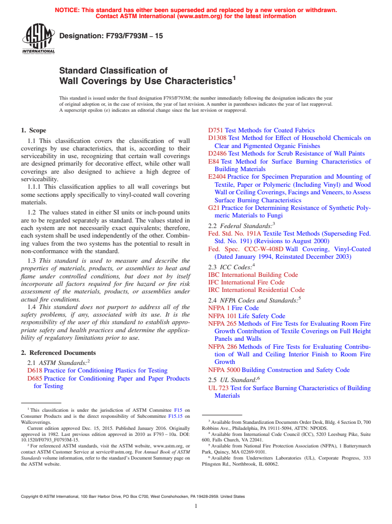 ASTM F793/F793M-15 - Standard Classification of  Wall Coverings by Use Characteristics