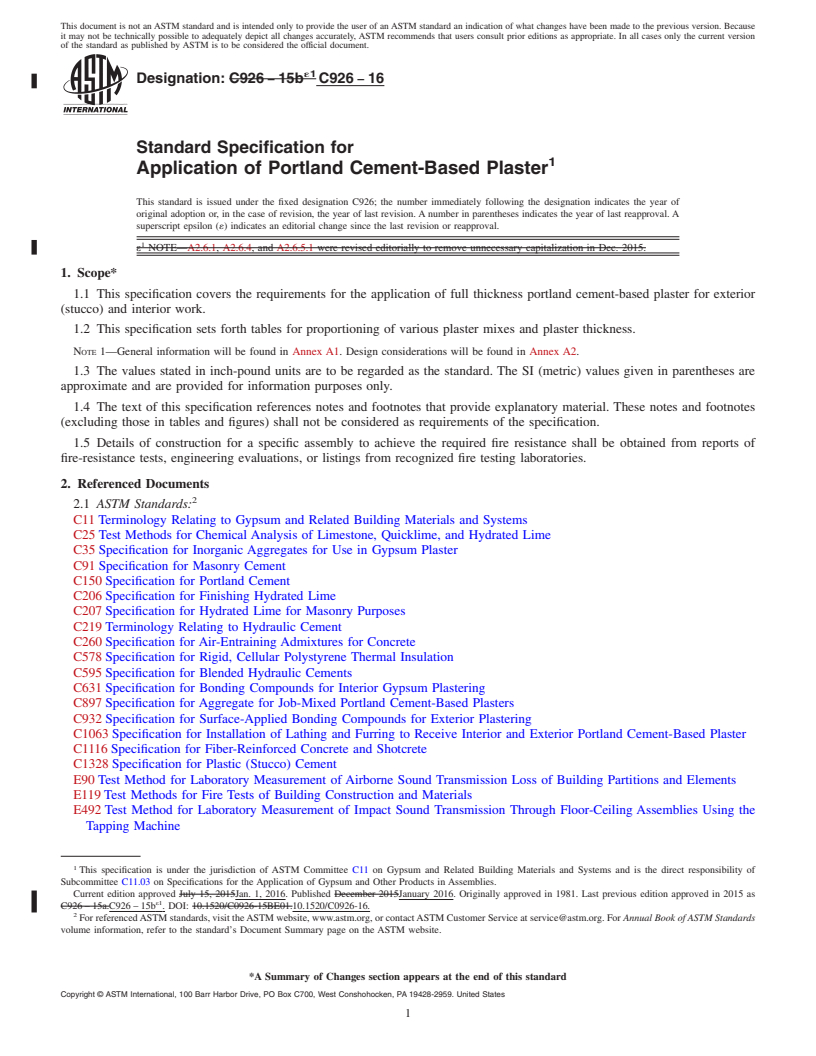 REDLINE ASTM C926-16 - Standard Specification for  Application of Portland Cement-Based Plaster