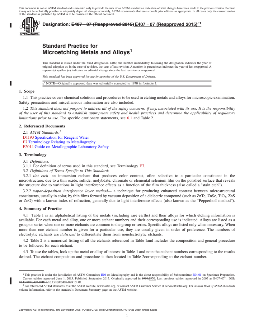 REDLINE ASTM E407-07(2015)e1 - Standard Practice for  Microetching Metals and Alloys