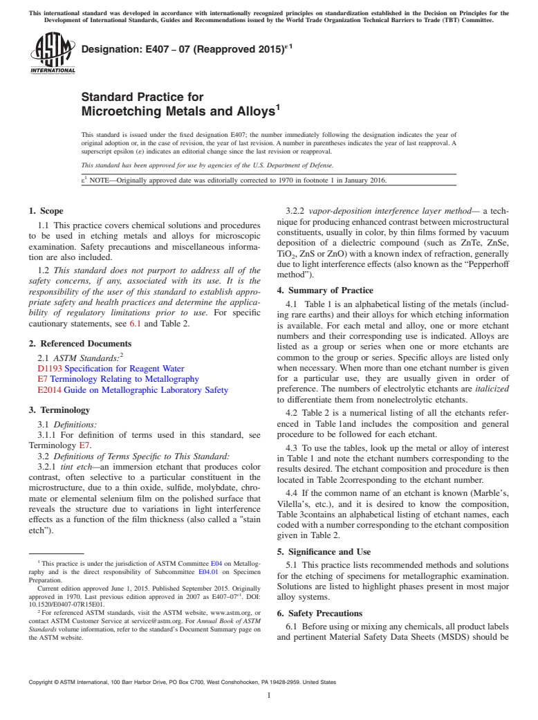 ASTM E407-07(2015)e1 - Standard Practice for  Microetching Metals and Alloys