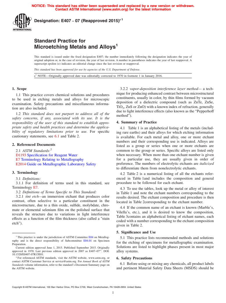 ASTM E407-07(2015)e1 - Standard Practice for  Microetching Metals and Alloys