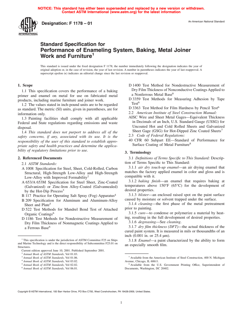 ASTM F1178-01 - Standard Specification for Enameling System, Baking, Metal Joiner Work and Furniture