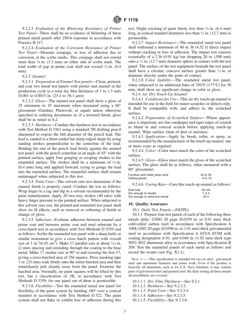 ASTM F1178-01 - Standard Specification for Enameling System, Baking, Metal Joiner Work and Furniture