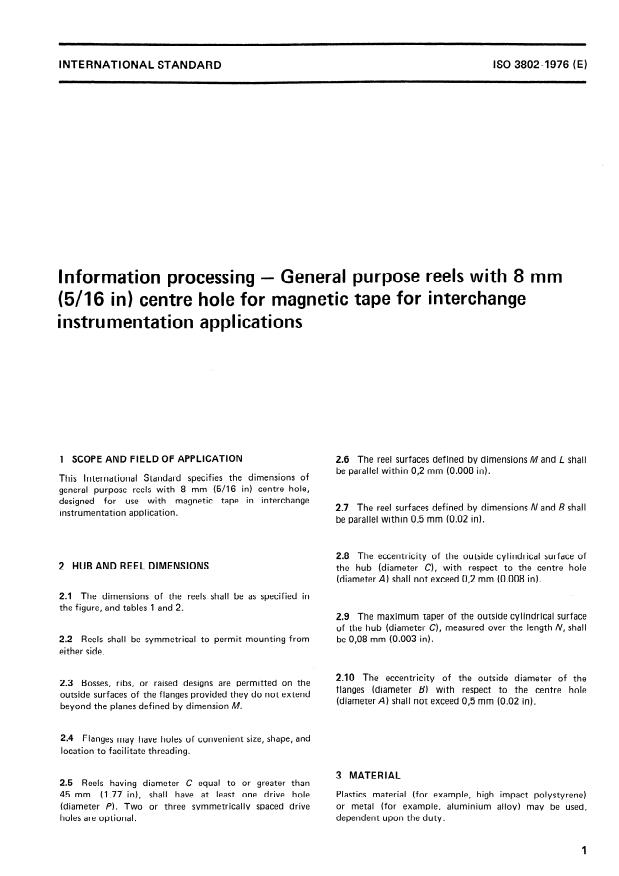ISO 3802:1976 - Information processing -- General purpose reels with 8 mm (5/16 in) centre hole for magnetic tape for interchange instrumentation applications