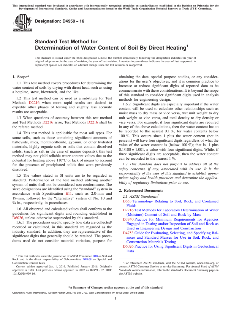 ASTM D4959-16 - Standard Test Method for  Determination of Water Content of Soil By Direct Heating