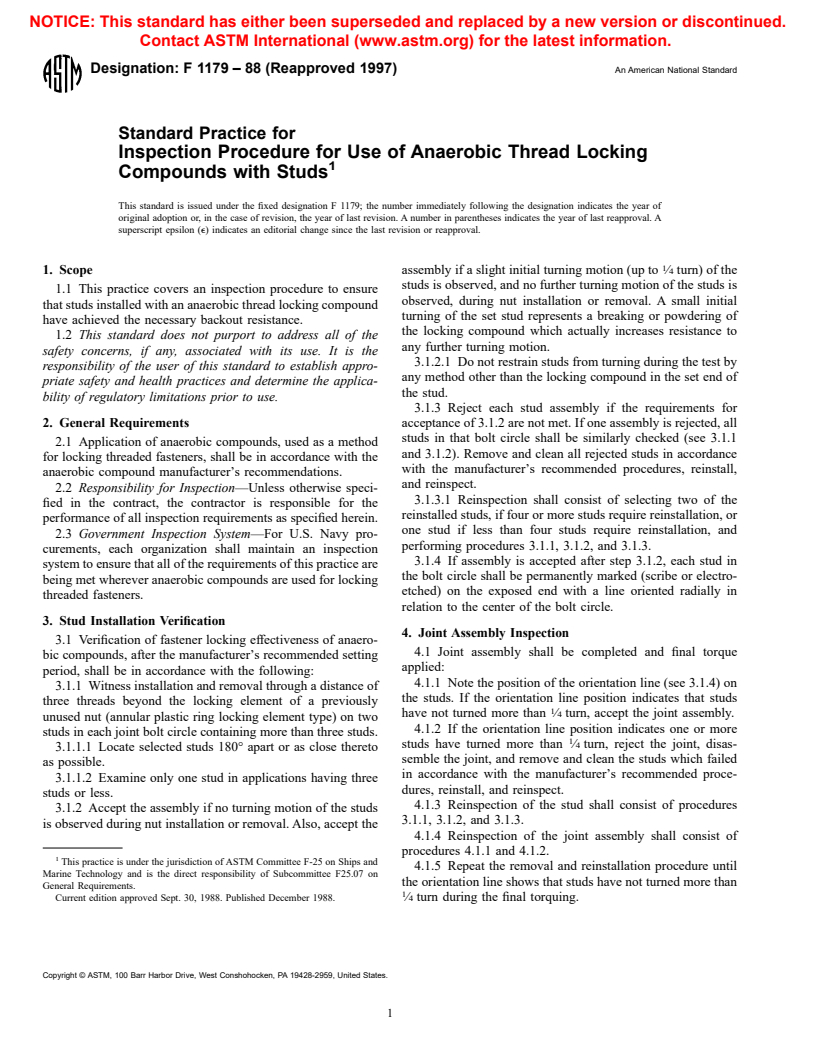 ASTM F1179-88(1997) - Standard Practice for Inspection Procedure for Use of Anaerobic Thread Locking Compounds with Studs