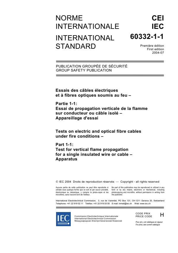 IEC 60332-1-1:2004 - Tests on electric and optical fibre cables under fire conditions - Part 1-1: Test for vertical flame propagation for a single insulated wire or cable - Apparatus