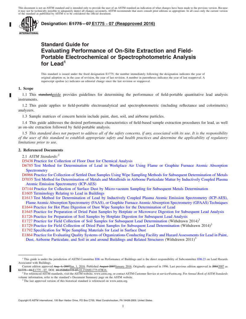 REDLINE ASTM E1775-07(2016) - Standard Guide for Evaluating Performance of On-Site Extraction and Field-Portable  Electrochemical or Spectrophotometric Analysis for Lead