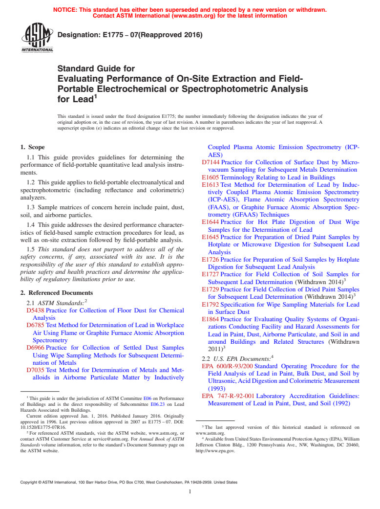 ASTM E1775-07(2016) - Standard Guide for Evaluating Performance of On-Site Extraction and Field-Portable  Electrochemical or Spectrophotometric Analysis for Lead