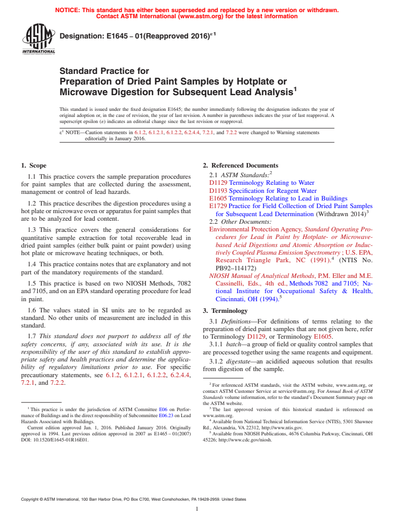 ASTM E1645-01(2016)e1 - Standard Practice for Preparation of Dried Paint Samples by Hotplate or Microwave  Digestion for Subsequent Lead Analysis