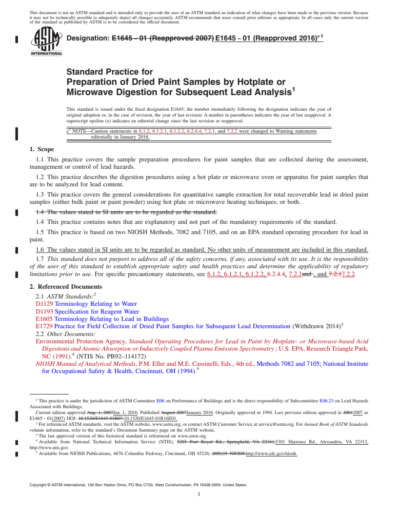 REDLINE ASTM E1645-01(2016)e1 - Standard Practice for Preparation of Dried Paint Samples by Hotplate or Microwave  Digestion for Subsequent Lead Analysis