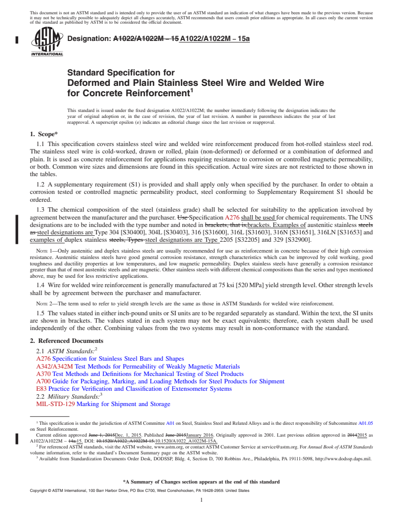 REDLINE ASTM A1022/A1022M-15a - Standard Specification for  Deformed and Plain Stainless Steel Wire and Welded Wire for  Concrete Reinforcement