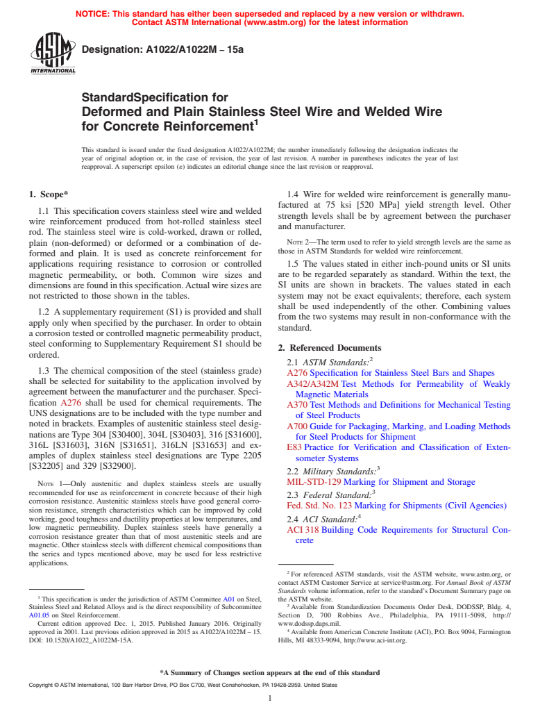 ASTM A1022/A1022M-15a - Standard Specification for  Deformed and Plain Stainless Steel Wire and Welded Wire for  Concrete Reinforcement