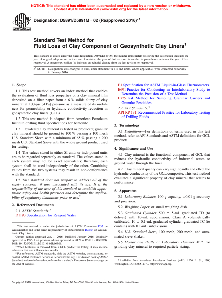 ASTM D5891/D5891M-02(2016)e1 - Standard Test Method for Fluid Loss of Clay Component of Geosynthetic Clay Liners