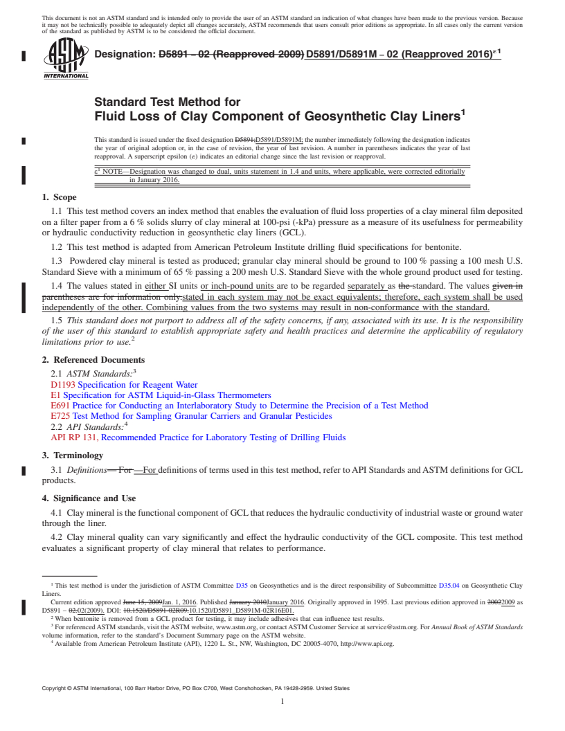 REDLINE ASTM D5891/D5891M-02(2016)e1 - Standard Test Method for Fluid Loss of Clay Component of Geosynthetic Clay Liners