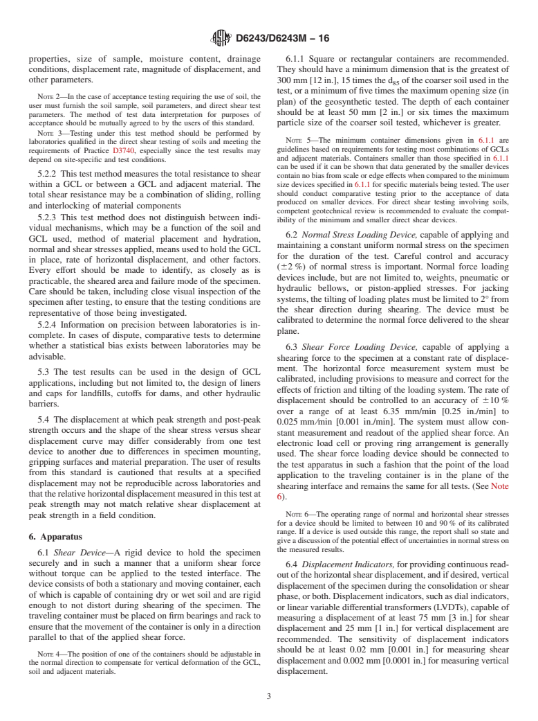 ASTM D6243/D6243M-16 - Standard Test Method for Determining the Internal and Interface Shear Strength of Geosynthetic  Clay Liner by the Direct Shear Method