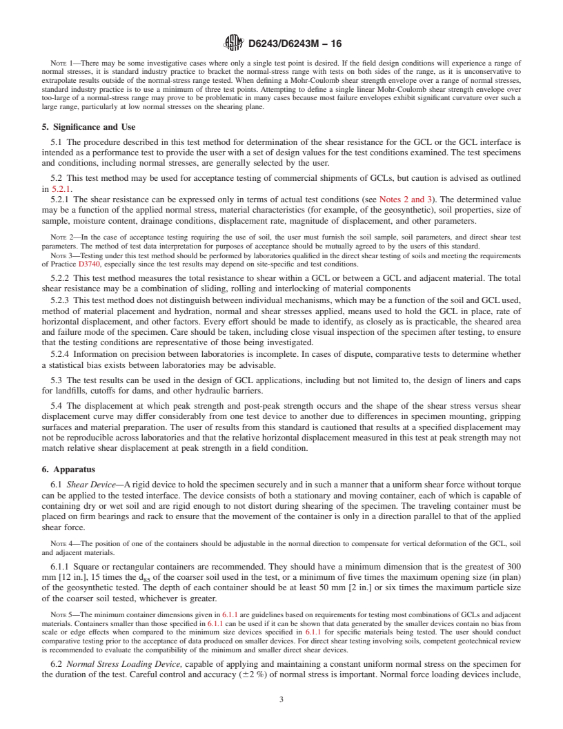 REDLINE ASTM D6243/D6243M-16 - Standard Test Method for Determining the Internal and Interface Shear Strength of Geosynthetic  Clay Liner by the Direct Shear Method