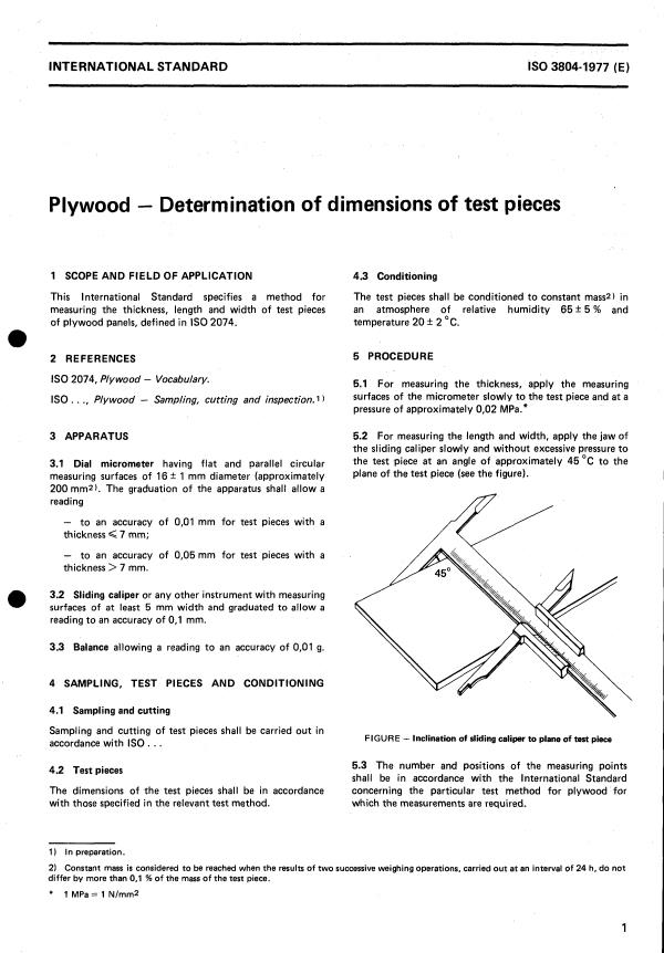 ISO 3804:1977 - Plywood -- Determination of dimensions of test pieces