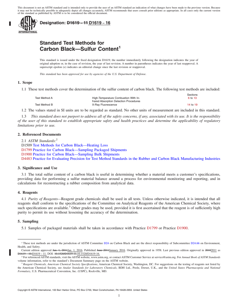 REDLINE ASTM D1619-16 - Standard Test Methods for  Carbon Black&#x2014;Sulfur Content