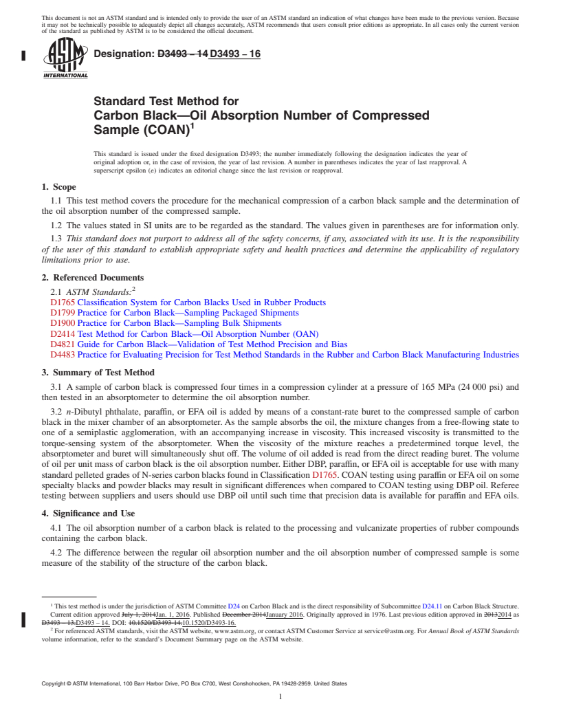 REDLINE ASTM D3493-16 - Standard Test Method for Carbon Black&#x2014;Oil Absorption Number of Compressed Sample  (COAN)