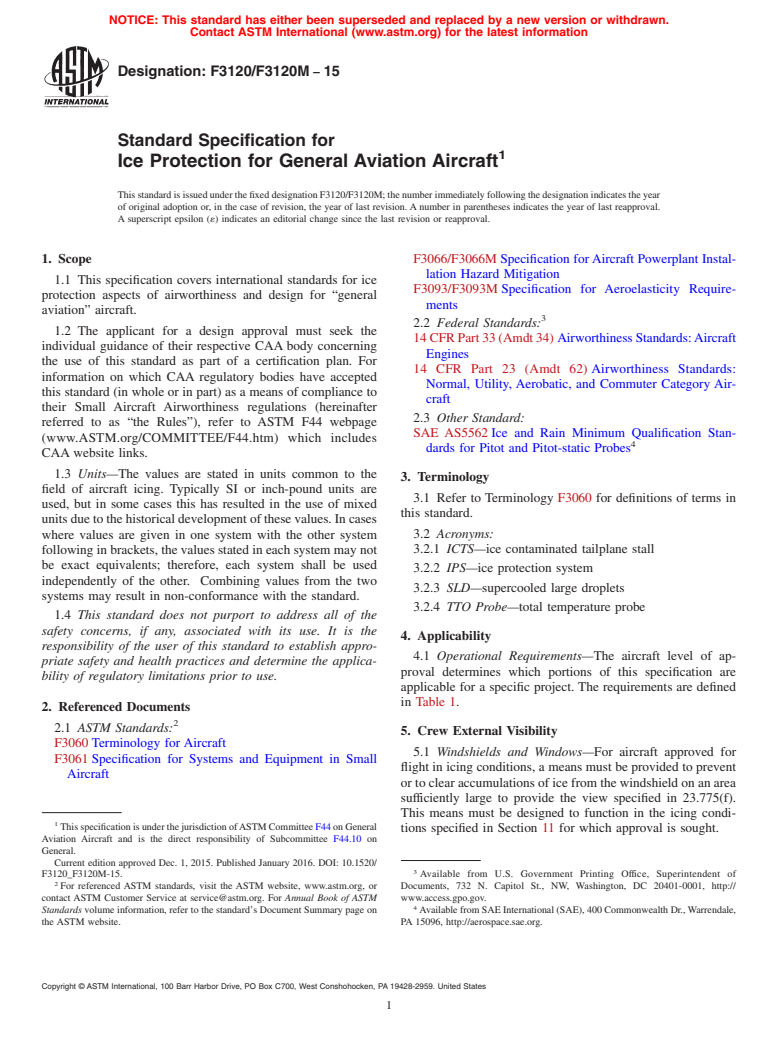 ASTM F3120/F3120M-15 - Standard Specification for Ice Protection for General Aviation Aircraft