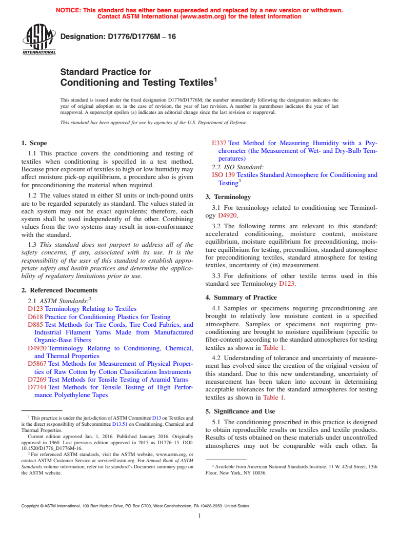 ASTM D1776/D1776M-16 - Standard Practice for  Conditioning and Testing Textiles