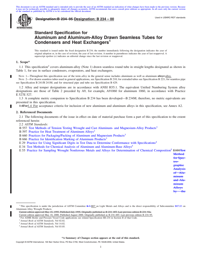 REDLINE ASTM B234-00 - Standard Specification for Aluminum and Aluminum-Alloy Drawn Seamless Tubes for Condensers and Heat Exchangers