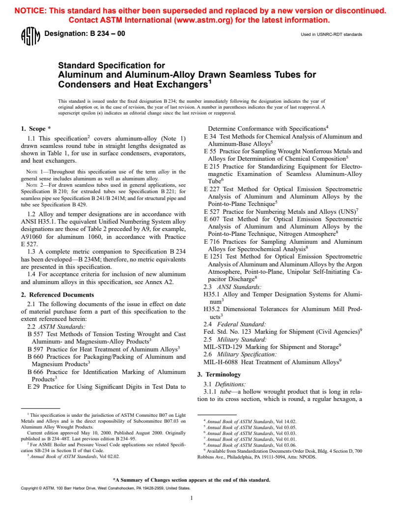 ASTM B234-00 - Standard Specification for Aluminum and Aluminum-Alloy Drawn Seamless Tubes for Condensers and Heat Exchangers