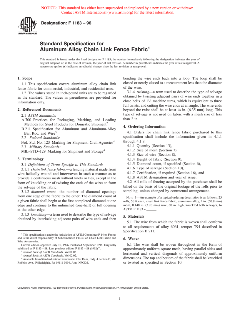 ASTM F1183-96 - Standard Specification for Aluminum Alloy Chain Link Fence Fabric