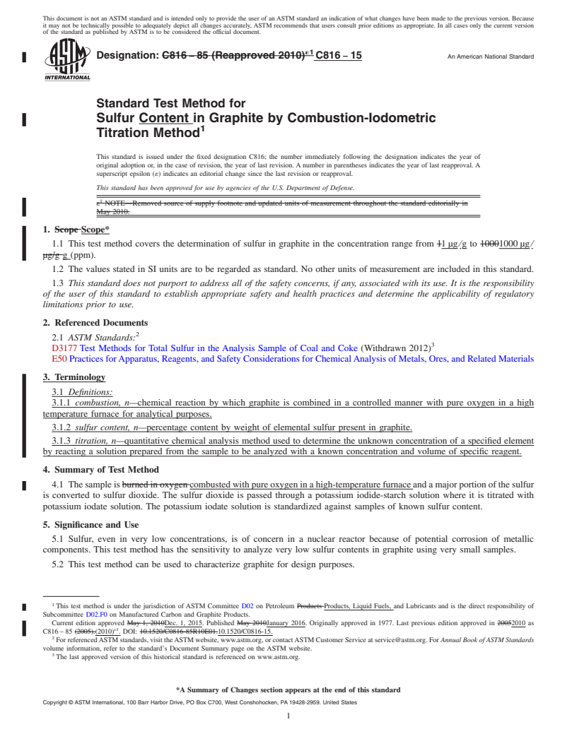 REDLINE ASTM C816-15 - Standard Test Method for  Sulfur Content in Graphite by Combustion-Iodometric Titration  Method