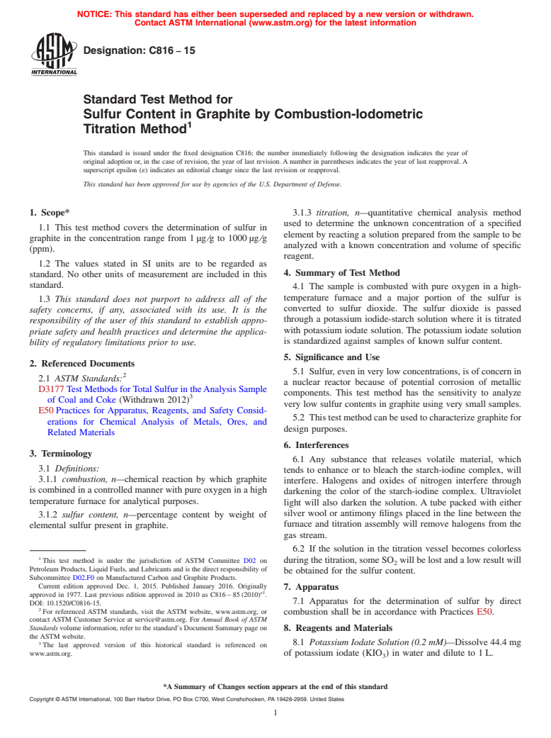 ASTM C816-15 - Standard Test Method for  Sulfur Content in Graphite by Combustion-Iodometric Titration  Method