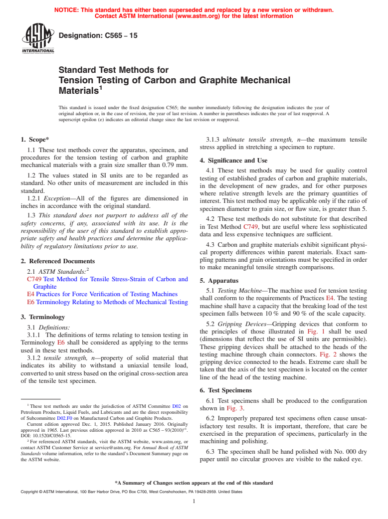 ASTM C565-15 - Standard Test Methods for  Tension Testing of Carbon and Graphite Mechanical Materials