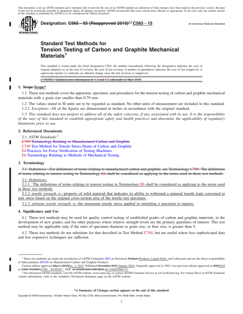 REDLINE ASTM C565-15 - Standard Test Methods for  Tension Testing of Carbon and Graphite Mechanical Materials