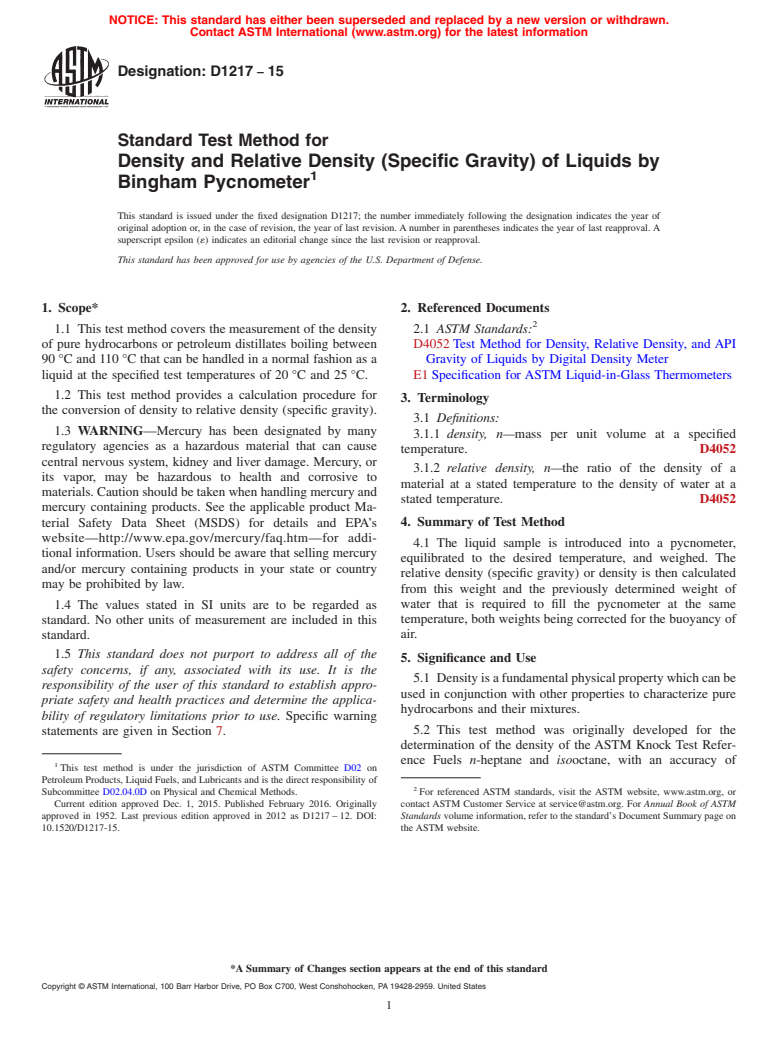 ASTM D1217-15 - Standard Test Method for Density and Relative Density (Specific Gravity) of Liquids  by Bingham Pycnometer