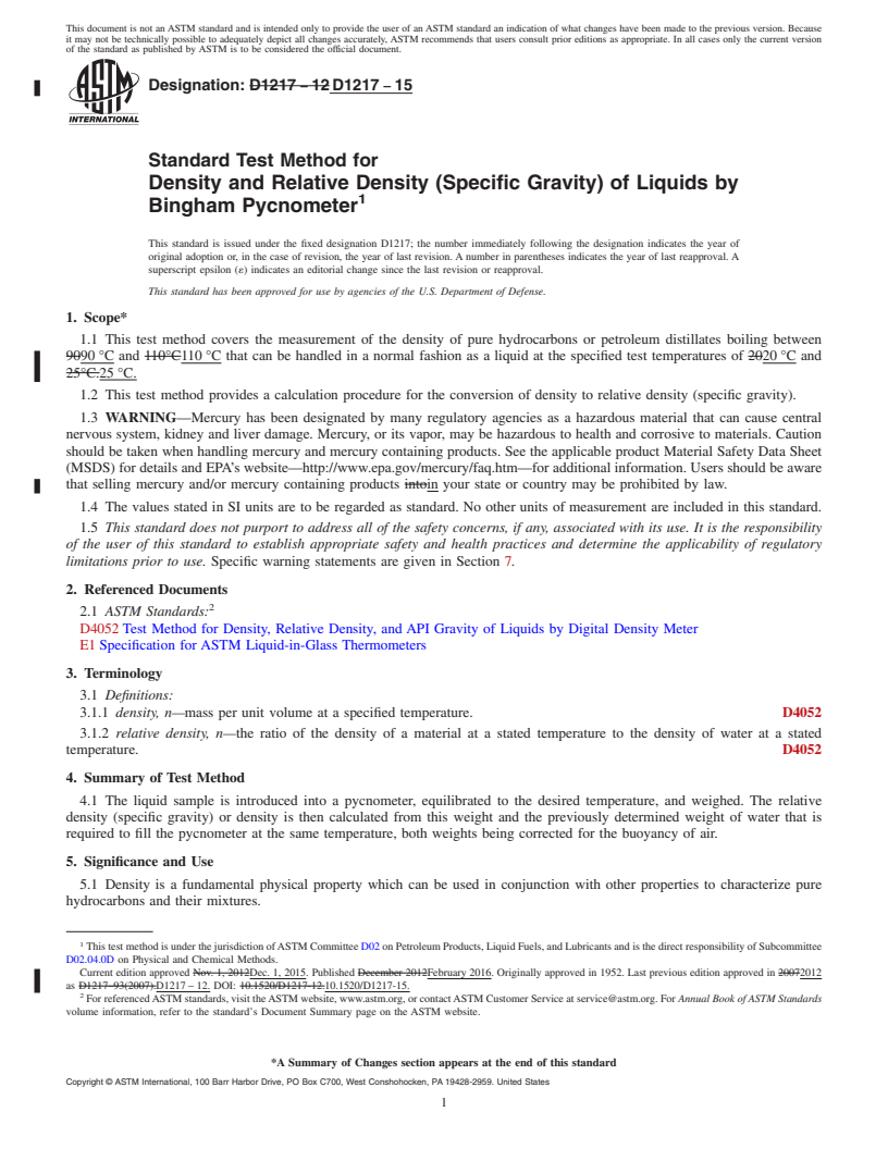 REDLINE ASTM D1217-15 - Standard Test Method for Density and Relative Density (Specific Gravity) of Liquids  by Bingham Pycnometer