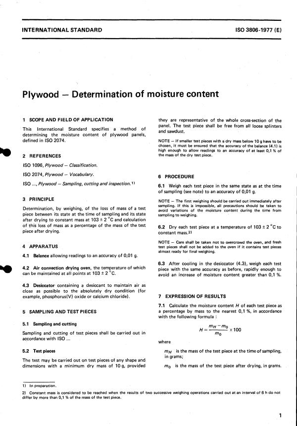 ISO 3806:1977 - Plywood -- Determination of moisture content