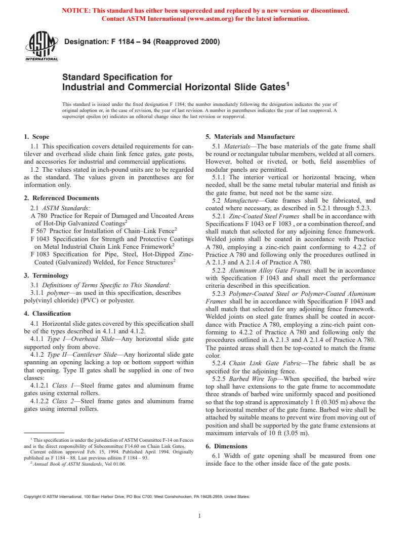 ASTM F1184-94(2000) - Standard Specification for Industrial and Commercial Horizontal Slide Gates