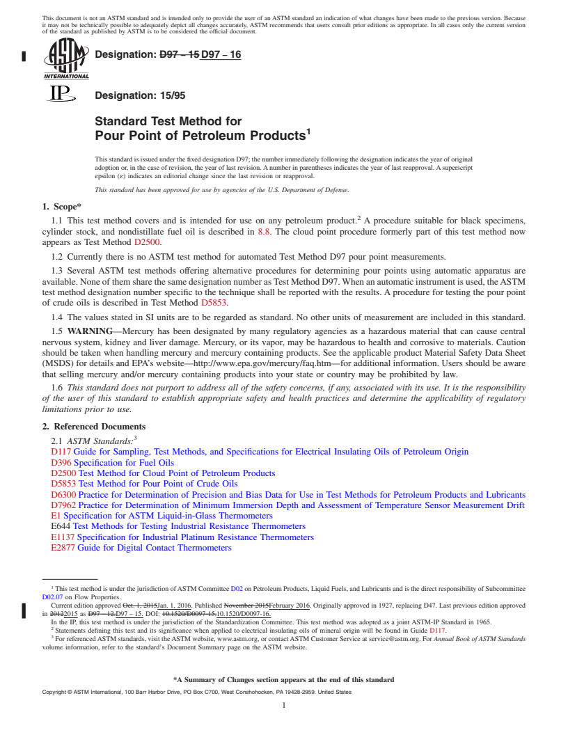 REDLINE ASTM D97-16 - Standard Test Method for Pour Point of Petroleum Products