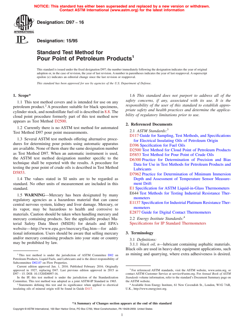 ASTM D97-16 - Standard Test Method for Pour Point of Petroleum Products