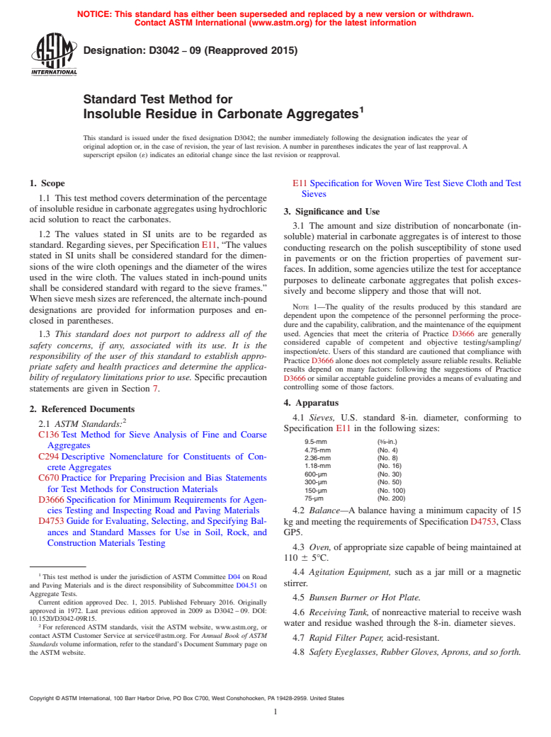 ASTM D3042-09(2015) - Standard Test Method for Insoluble Residue in Carbonate Aggregates