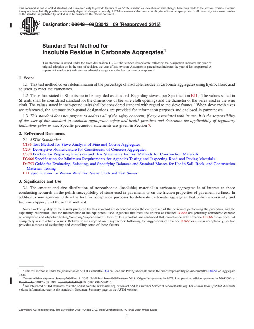 REDLINE ASTM D3042-09(2015) - Standard Test Method for Insoluble Residue in Carbonate Aggregates