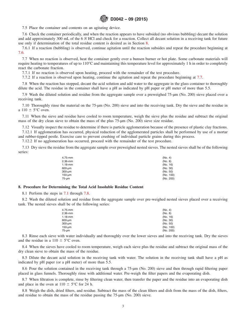 REDLINE ASTM D3042-09(2015) - Standard Test Method for Insoluble Residue in Carbonate Aggregates