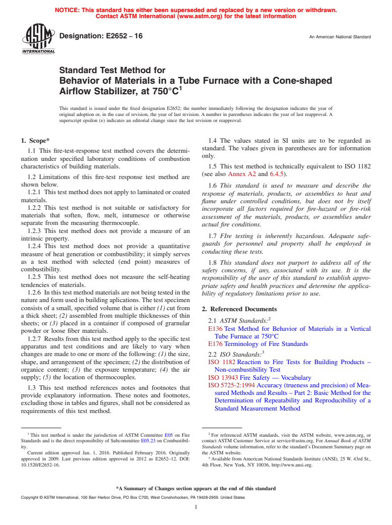 ASTM E2652-16 - Standard Test Method for  Behavior of Materials in a Tube Furnace with a Cone-shaped  Airflow Stabilizer, at 750&#xb0;C