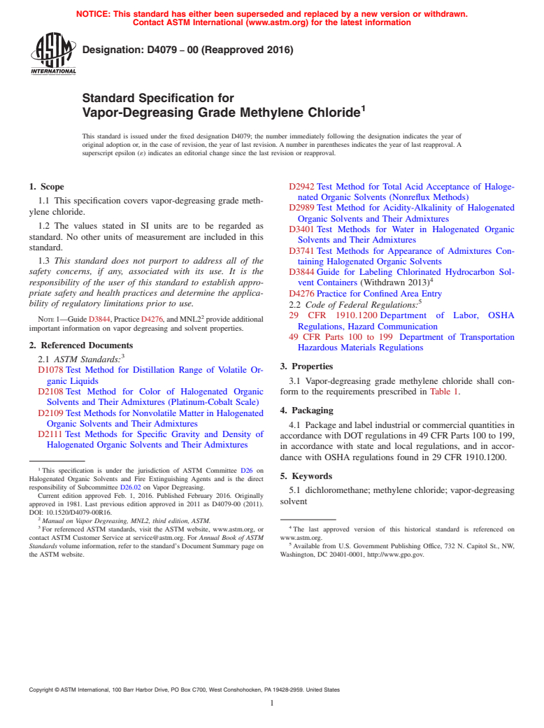 ASTM D4079-00(2016) - Standard Specification for Vapor-Degreasing Grade Methylene Chloride