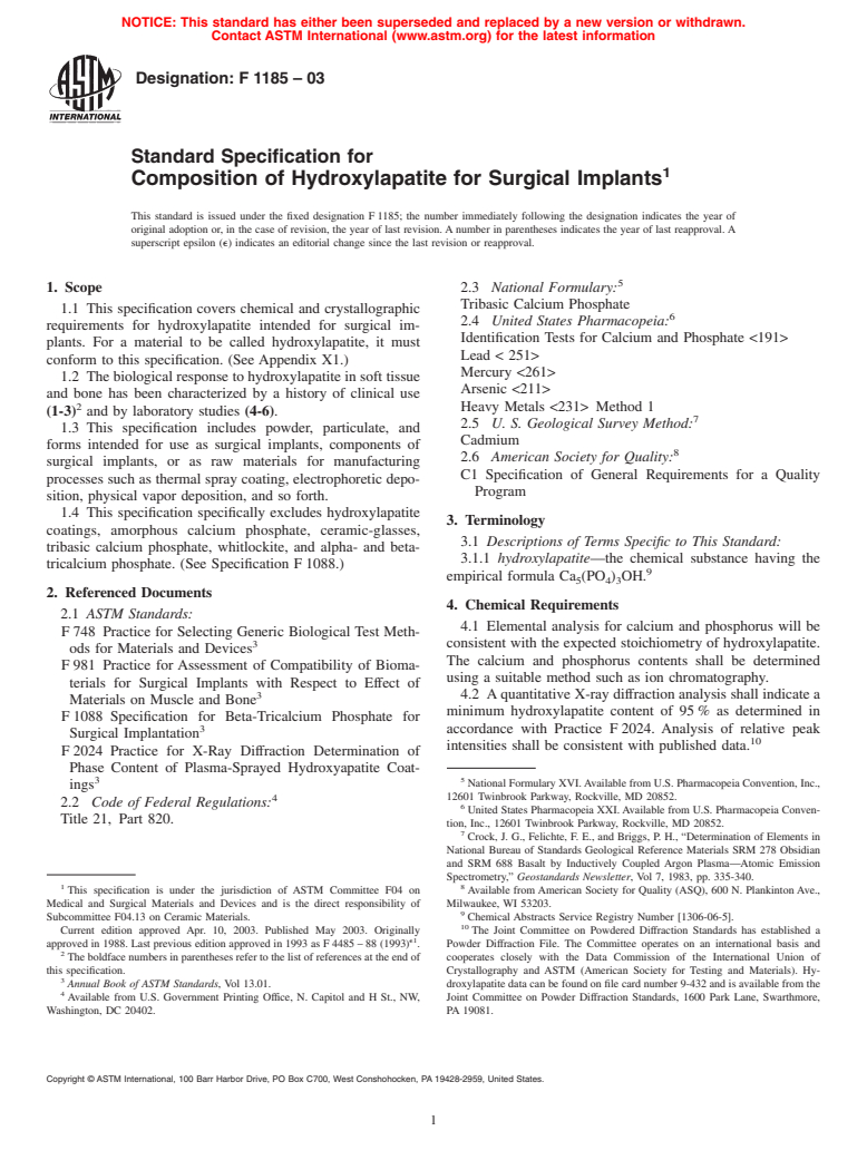 ASTM F1185-03 - Standard Specification for Composition of Hydroxylapatite for Surgical Implants