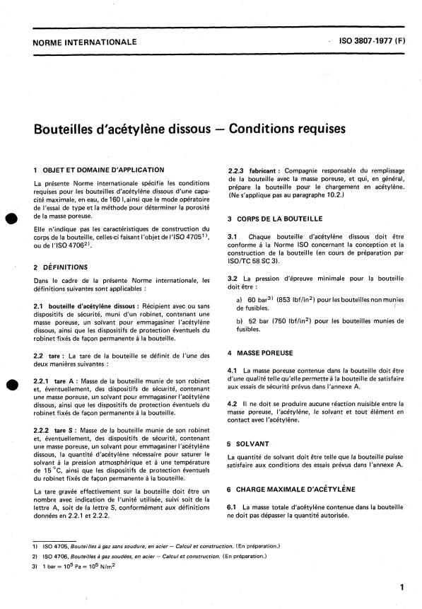 ISO 3807:1977 - Bouteilles d'acétylene dissous -- Conditions requises